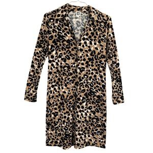 Anne Klein Womens Shirt Dress Tan Black Leopard Print Button Front Small